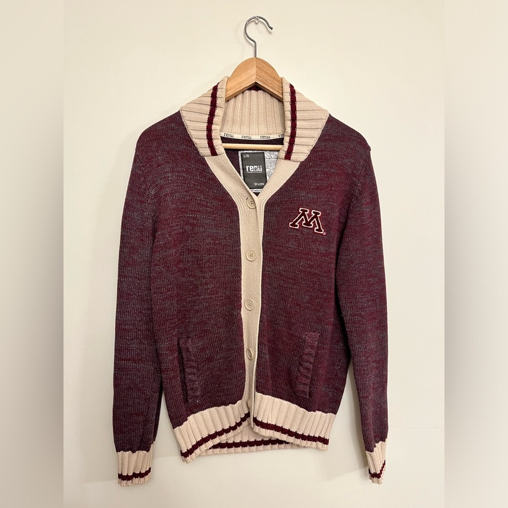 Maroon and cream University of Minnesota knit sweater with M on it